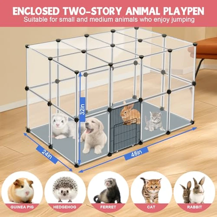 32 Panels Small Animal Playpen, 48" x 32" x 24" Transparent Playpen with Waterproof Mat,Plastic Enclosure,Puppy Play Pen for Chicken,Pet Fence for Guinea Pigs,Bunny,Ferrets,Hamsters,Hedgehogs Indoor by VISCOO - Image 3