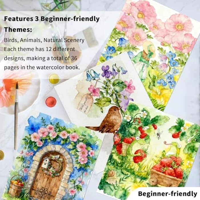 Kalysky 3-Pack Watercolor Coloring Books for Adults Beginners, 160GSM Acid-Free Cold Press Paper, 36 Single-Sided Page Nature Theme (Birds, Animals, Landscapes) - Ideal Art Therapy & Gift by Kalysky - Image 2
