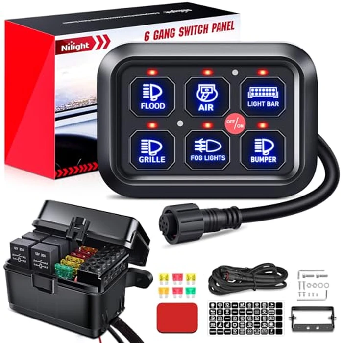 Nilight 6 Gang Switch Panel Universal Circuit Control Relay System with Fuse Wiring Harness Automatic Dimmable ON-Off LED Pod for Cars Trucks Boats ATV UTV SUV by Nilight - Image 1