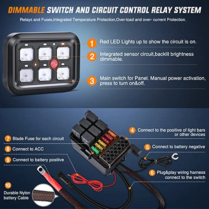 Nilight 6 Gang Switch Panel Universal Circuit Control Relay System with Fuse Wiring Harness Automatic Dimmable ON-Off LED Pod for Cars Trucks Boats ATV UTV SUV by Nilight - Image 2