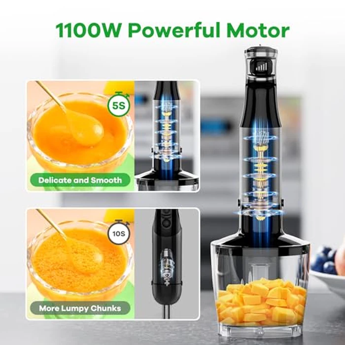Immersion Blender Handheld Corded Hand Blenders Set 1100W, Trigger Variable Speed 5 in 1 Stick Emulsifier with Chopper, Whisk and Frother for Soup, Baby Food and Smoothies by turelar - Image 2