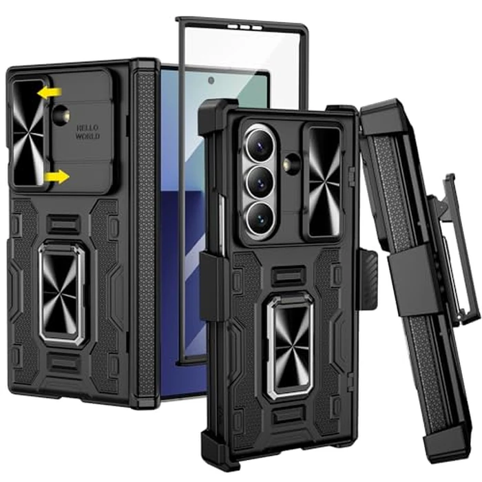 VEGO for Galaxy Z Fold 7 Case with Belt Clip Holster, 360 degreesRing Magnetic Kickstand & Camera Cover & Front Screen Protector & Hinge Protection Shockproof Armor Case for Samsung Z Fold 7 - Black by VEGO - Used - Very Good condition