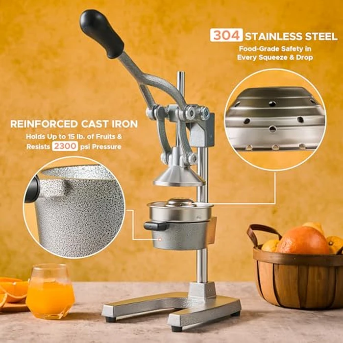 CO-Z Manual Citrus Juicer, Commercial Grade Cast Iron Orange Juicer, Professional Heavy Duty Juice Press with Removable Strainer, Manual Juice Extractor for Orange Lemon Pomegranate Citrus, Gray by CO-Z - Image 6