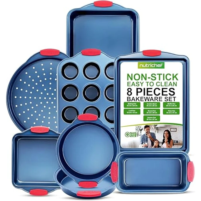 NutriChefKitchen 8-Piece Nonstick Bakeware Set - PFOA, PTFE-Free Carbon Steel Baking Trays w/Heatsafe Silicone Handles, Oven Safe Up to 450 degreesF, Pizza Loaf Muffin Round/Square Pans, Blue, NCSBSBL8 by Nutrichef - Image 1