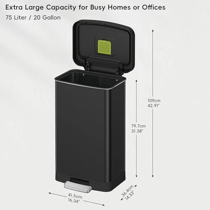 EKO Hudson Matte Stainless Steel 75 Liter/20 Gallon Large Kitchen Trash Can, Tall Step Garbage Can with Rear Bag Storage Compartment (Matte Black) by EKO - Image 3