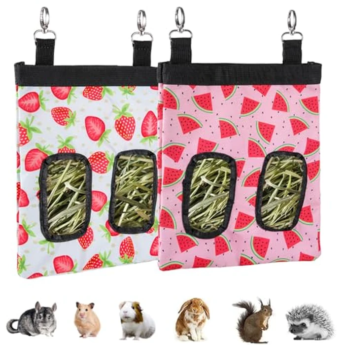 DZWLKJ Guinea Pig Hay Feeder, 2 Pack, 11 x 9 x 1 Inches, Rabbit Hay Feeder Bag, Stainless Steel, 600D Oxford, Watermelon and Strawberry by DZWLKJ - Used - Very Good condition - US$8.90