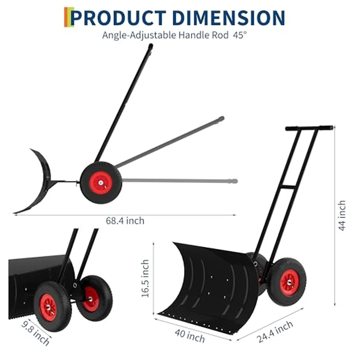 Heavy-Duty 100x42cm H Metal Snow Pusher with Wheels | Double Rod Reinforced Frame & Adjustable Angle/Height Handle | Ergonomic Wheeled Shovel for Efficient Driveway Clearing by GarveeLife - Image 2