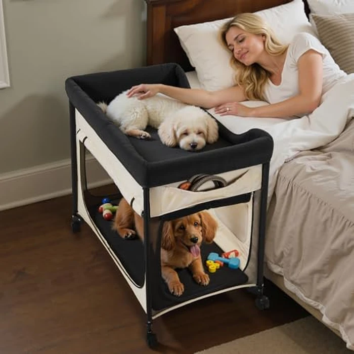 VEVOR Elevated Lounge Pet Bed, Foldable Bunk Dog Bed with 600D Oxford Cloth and Dutch Velvet, Portable Raised Cot with Wheels, Side Storage Bags, and Carry Bag for Cats & Dogs, XL, Beige by VEVOR - Image 2