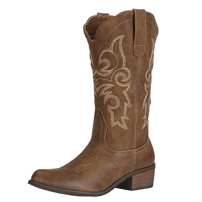 J's.o.l.e Western Cowgirl Cowboy Boots for Women Mid Wide Calf Pointed Toe Riding Country Brown Boots US Size 9 by J's.o.l.e - Used - Very Good condition