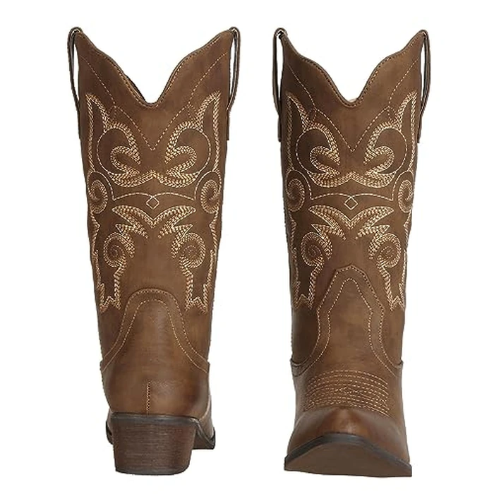 J's.o.l.e Western Cowgirl Cowboy Boots for Women Mid Wide Calf Pointed Toe Riding Country Brown Boots US Size 9 by J's.o.l.e - Image 2