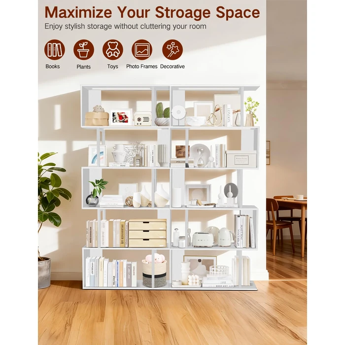 OUTONLIFE 6 Tier S-Shaped Geometric Bookcase with LED Light, Touch & Remote Control, Wide Tall Freestanding Display Shelf, Industrial Storage Cabinet for Living Room, Bedroom, Office(White) by OUTONLIFE - Image 5