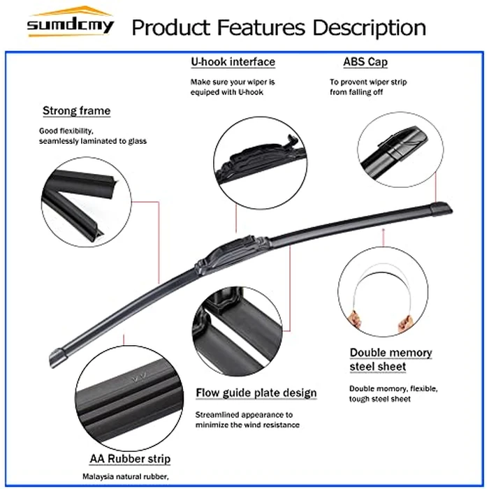 Front and Rear Windshield Wiper Blade Replacement for Ford Edge 2007-2014 Lincoln MKX 2007-2015 All-season Front Windscreen Wiper for U/J hook And Rear wiper blade by Sumdcmy - Image 4