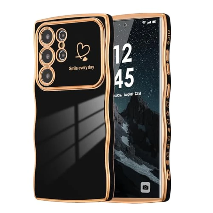 ZTOFERA for Samsung Galaxy S23 Ultra 5G Case 6.8 inch,Cute Curly Wave Frame Case with Love Heart Pattern,Luxury Plating Edge Full Camera Protection Shockproof Phone Case for Women Girls-Black by ZTOFERA - Used - Acceptable condition