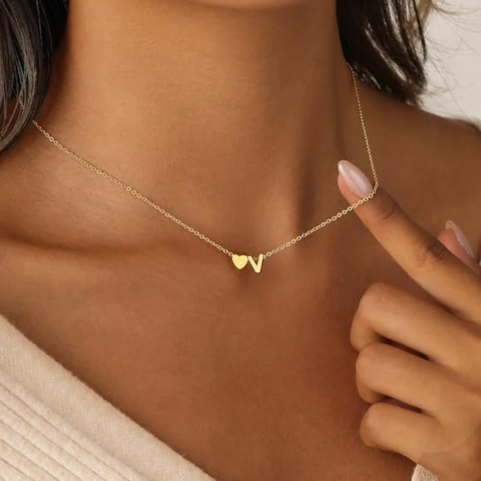 Lyncory Gold Heart Initial Necklace for Women 14K Gold Plated Initial Pendant Dainty Fashion Heart V Letter Necklaces for Women Jewelry Gifts by Lyncory - Image 3