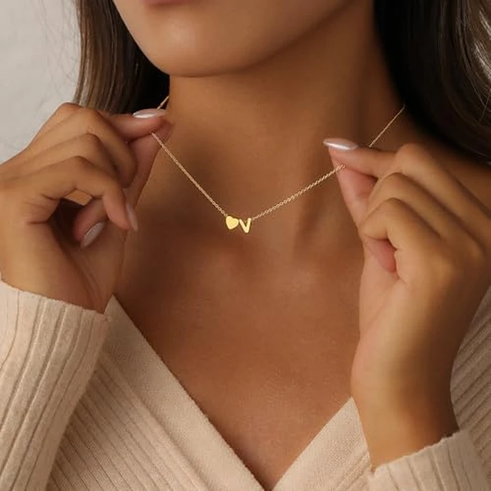 Lyncory Gold Heart Initial Necklace for Women 14K Gold Plated Initial Pendant Dainty Fashion Heart V Letter Necklaces for Women Jewelry Gifts by Lyncory - Image 4