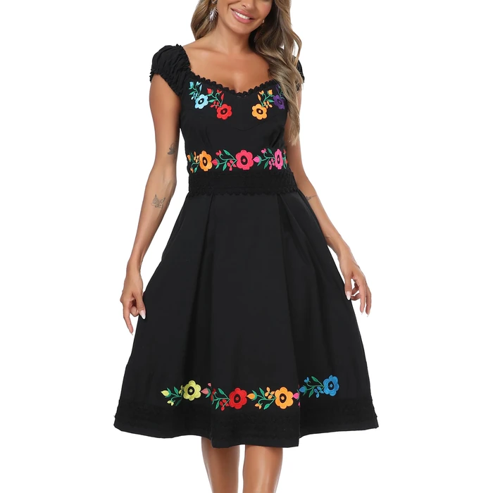 YZXDORWJ Black Mexican Peasant Linen Dress Embroidered Off Shoulder Boho Folk Midi Dress for Women (S, 359BK) by YZXDORWJ - Used - Like New condition - US$34.84