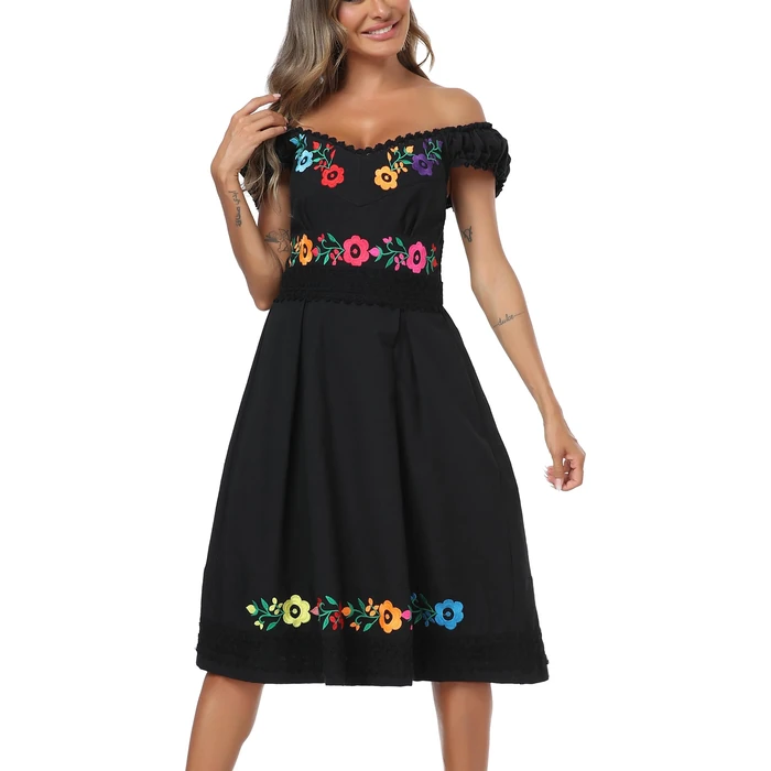 YZXDORWJ Black Mexican Peasant Linen Dress Embroidered Off Shoulder Boho Folk Midi Dress for Women (S, 359BK) by YZXDORWJ - Image 2