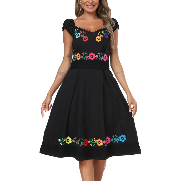 YZXDORWJ Black Mexican Peasant Linen Dress Embroidered Off Shoulder Boho Folk Midi Dress for Women (S, 359BK) by YZXDORWJ - Image 3