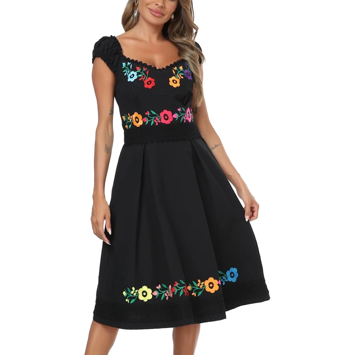 YZXDORWJ Black Mexican Peasant Linen Dress Embroidered Off Shoulder Boho Folk Midi Dress for Women (S, 359BK) by YZXDORWJ - Image 4