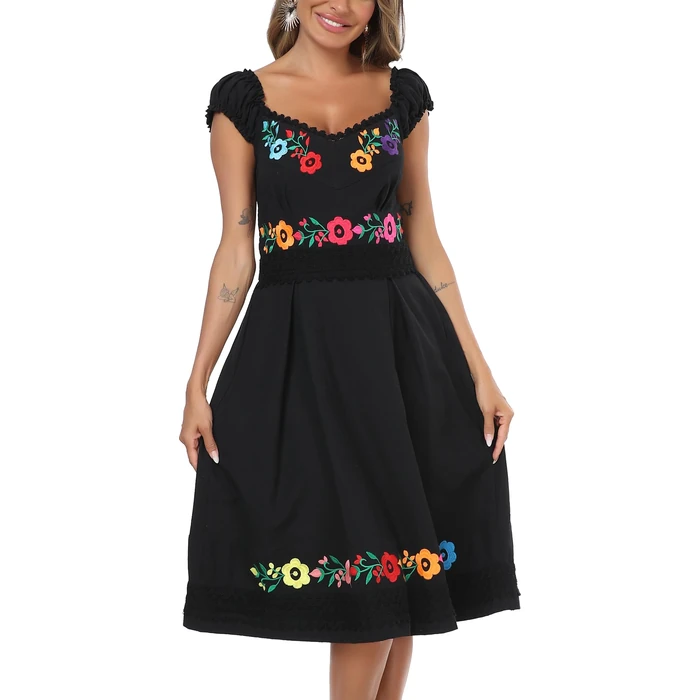 YZXDORWJ Black Mexican Peasant Linen Dress Embroidered Off Shoulder Boho Folk Midi Dress for Women (S, 359BK) by YZXDORWJ - Image 5