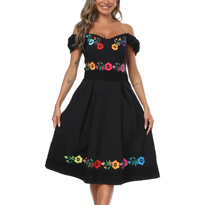 YZXDORWJ Black Mexican Peasant Linen Dress Embroidered Off Shoulder Boho Folk Midi Dress for Women (S, 359BK) by YZXDORWJ - Image 6