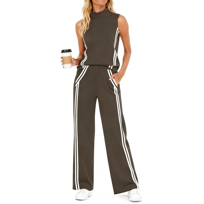 Casly Lamiit 2 Piece Outfits for Women Lounge Sets Casual Airport Clothes Tracksuit Mock Neck Tanks Striped Pants Travel Set Womens Clothing Coffee M by Casly Lamiit - Used - Very Good condition