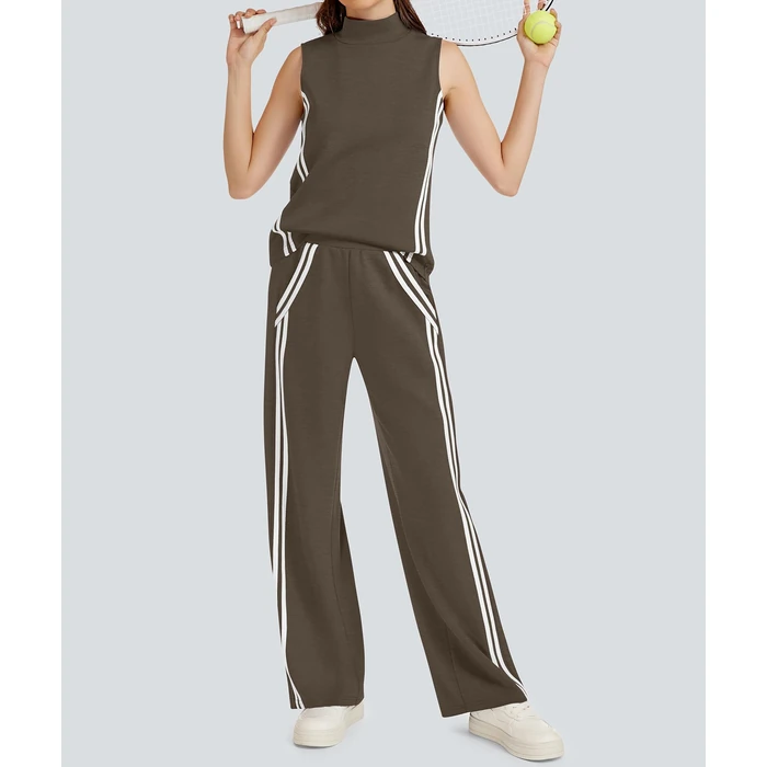 Casly Lamiit 2 Piece Outfits for Women Lounge Sets Casual Airport Clothes Tracksuit Mock Neck Tanks Striped Pants Travel Set Womens Clothing Coffee M by Casly Lamiit - Image 2