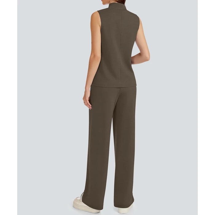 Casly Lamiit 2 Piece Outfits for Women Lounge Sets Casual Airport Clothes Tracksuit Mock Neck Tanks Striped Pants Travel Set Womens Clothing Coffee M by Casly Lamiit - Image 5