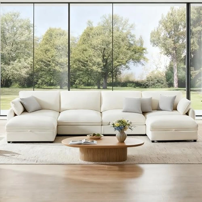 KISLOT 147" Cloud Sectional Couches for Living Room,U Shaped Oversized Modular Modern Linen Sofa with 2 Movable Ottoman,6 Deep Seat with 2 Throw Pillows,Warm White by KISLOT - Image 1