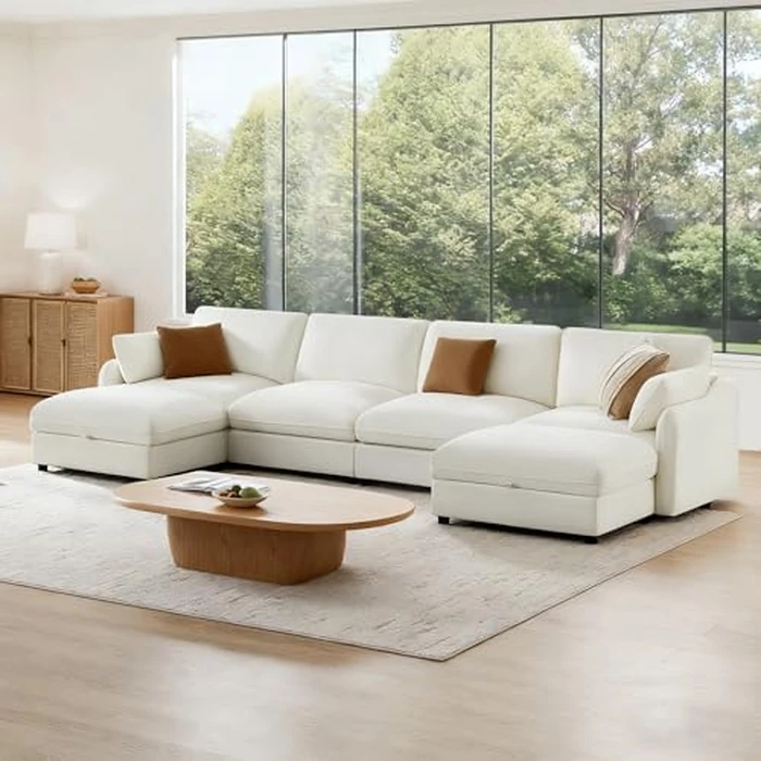 KISLOT 147" Cloud Sectional Couches for Living Room,U Shaped Oversized Modular Modern Linen Sofa with 2 Movable Ottoman,6 Deep Seat with 2 Throw Pillows,Warm White by KISLOT - Image 3