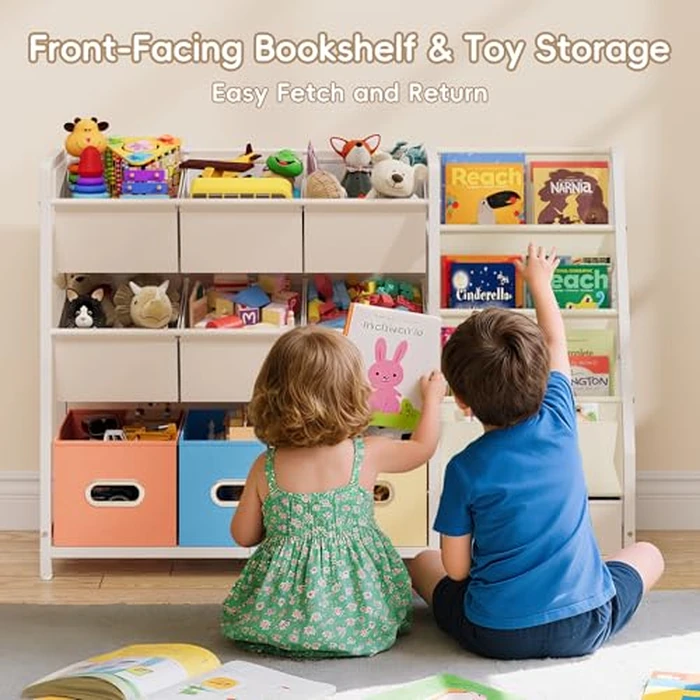 HAVLOTII Toy Storage Organizer - Kids Bookshelf and Toy Storage with 3 Book Shelf and 10 Storage Bins, Montessori Playroom Storage for Toddler, Baby, Book Shelf for Kids Rooms by HAVLOTII - Image 2