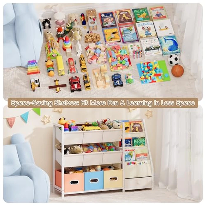 HAVLOTII Toy Storage Organizer - Kids Bookshelf and Toy Storage with 3 Book Shelf and 10 Storage Bins, Montessori Playroom Storage for Toddler, Baby, Book Shelf for Kids Rooms by HAVLOTII - Image 5