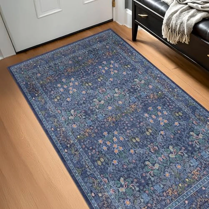 Vintage Dark Blue 3x5 Area Rugs for Entryway, Bedroom Beside Rug, Kitchen, Laundry Room, Non-Slip Low Pile Ultra Soft Stain Resistant Small Floral Carpet by Hazo Haus - Used - Like New condition - CA$48.37