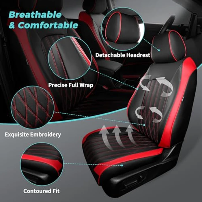FEINEPRO Seat Covers for Honda CRV 2026 2025 2024 2023 EX, EXL, LX, Sport, Touring, Special Edition, Hybrid & Gas, 1:1 Custom Faux Leather Seat Covers Full Set - Black Red by FEINEPRO - Image 2