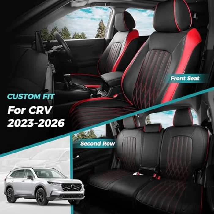 FEINEPRO Seat Covers for Honda CRV 2026 2025 2024 2023 EX, EXL, LX, Sport, Touring, Special Edition, Hybrid & Gas, 1:1 Custom Faux Leather Seat Covers Full Set - Black Red by FEINEPRO - Image 6