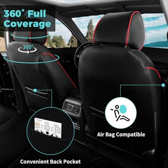 FEINEPRO Seat Covers for Honda CRV 2026 2025 2024 2023 EX, EXL, LX, Sport, Touring, Special Edition, Hybrid & Gas, 1:1 Custom Faux Leather Seat Covers Full Set - Black Red by FEINEPRO - Image 8