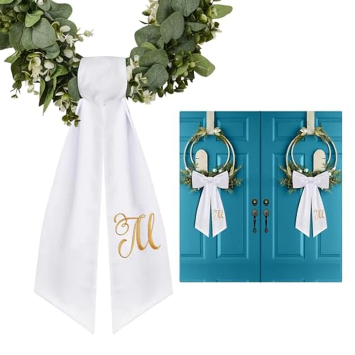 2 Pack Wreath Sash for Front Door Monogrammed Embroidery Wreath Sash for Boxwood Front Door Porch Wreath Garland Decor(Letter M) by Lingringdcy - Image 1