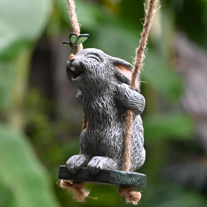 OwMell Garden Rabbit Statues, Cute Swing Bunny with Butterfly Statue Decoration for Yard Hanging Outdoor, Tree Ornaments Figurine for Stump Branch Lawn Patio Decor by OwMell - Image 1