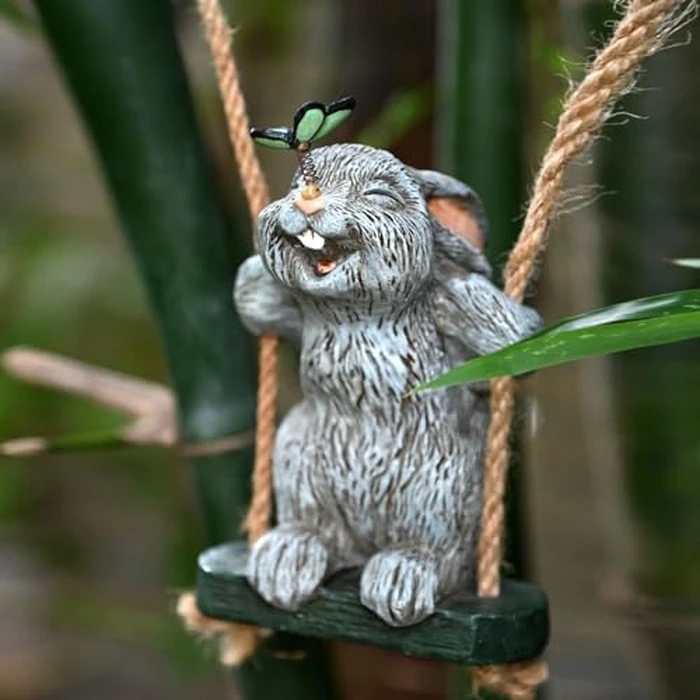 OwMell Garden Rabbit Statues, Cute Swing Bunny with Butterfly Statue Decoration for Yard Hanging Outdoor, Tree Ornaments Figurine for Stump Branch Lawn Patio Decor by OwMell - Image 2