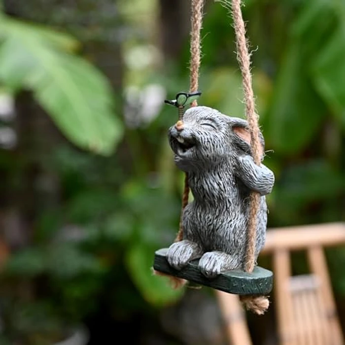OwMell Garden Rabbit Statues, Cute Swing Bunny with Butterfly Statue Decoration for Yard Hanging Outdoor, Tree Ornaments Figurine for Stump Branch Lawn Patio Decor by OwMell - Image 4