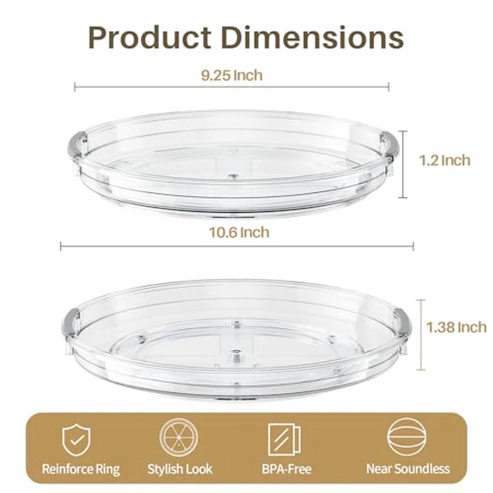 LAMU 2 Pack Lazy Susan Organizer, Lazy Susan Turntable for Cabinet, Rotating Spice Organization for Cabinet, Table Top, Countertop, Pantry Fridge Organizers and Storage, 10.6in+9.25in, Clear by LAMU - Image 8