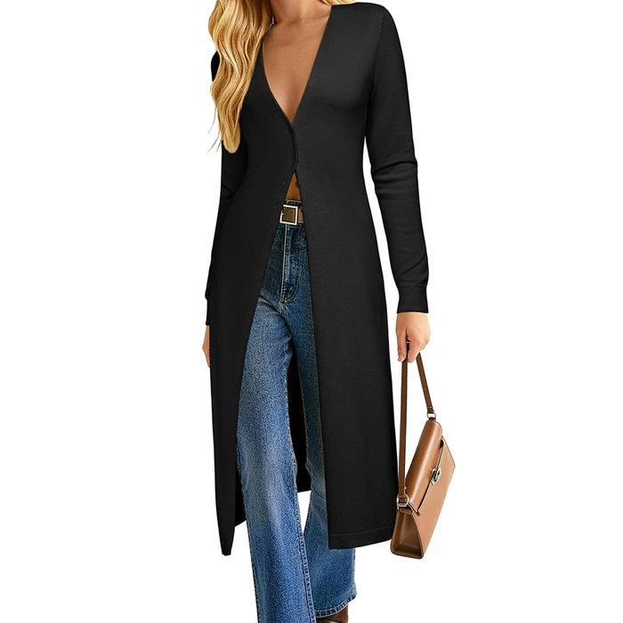 GRACE KARIN Womens Long Cardigan Trendy, Lightweight Knit Dusters Coat, V Neck Button Up Sweater Maxi Dress Black M by GRACE KARIN - Image 1