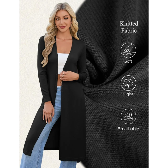 GRACE KARIN Womens Long Cardigan Trendy, Lightweight Knit Dusters Coat, V Neck Button Up Sweater Maxi Dress Black M by GRACE KARIN - Image 4