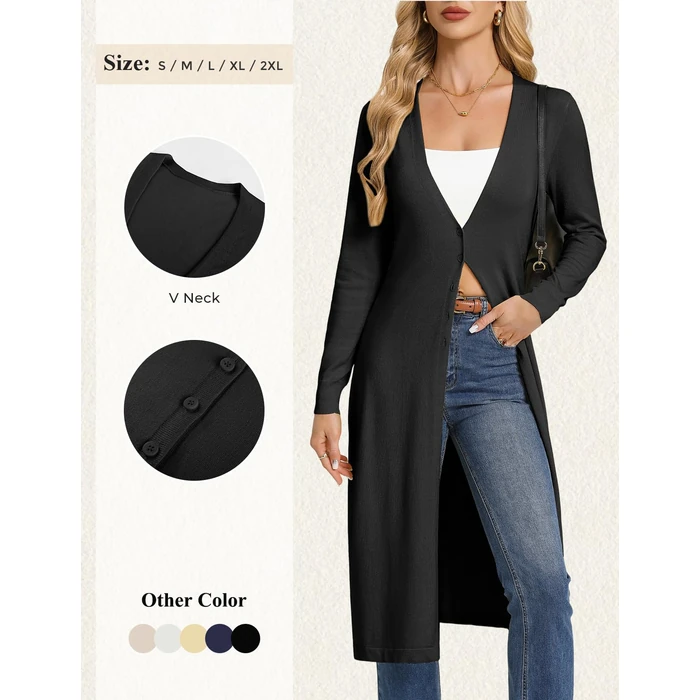 GRACE KARIN Womens Long Cardigan Trendy, Lightweight Knit Dusters Coat, V Neck Button Up Sweater Maxi Dress Black M by GRACE KARIN - Image 5