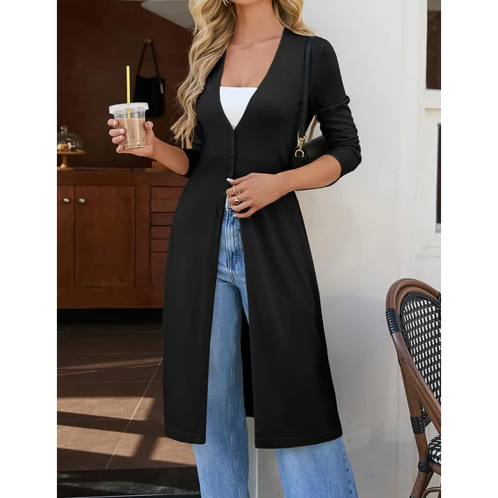 GRACE KARIN Womens Long Cardigan Trendy, Lightweight Knit Dusters Coat, V Neck Button Up Sweater Maxi Dress Black M by GRACE KARIN - Image 8