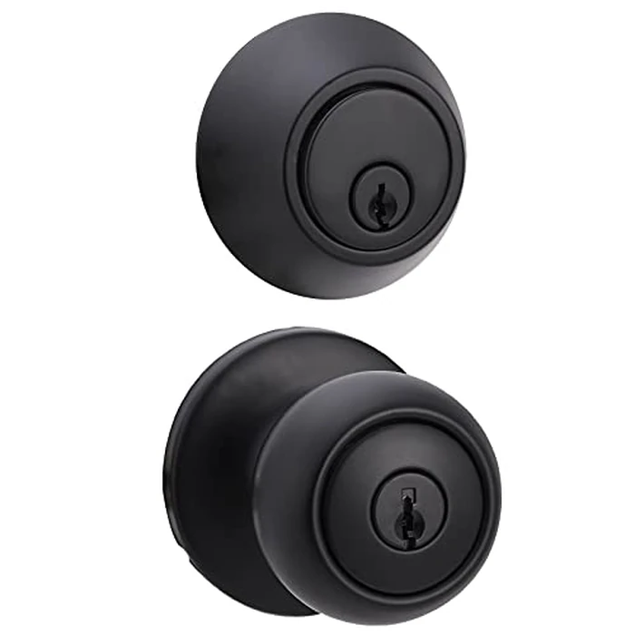 Amazon Basics Exterior Door Knob With Key Lock and Deadbolt, Keyed Alike, Coastal, Matte Black by Amazon Basics - Image 1