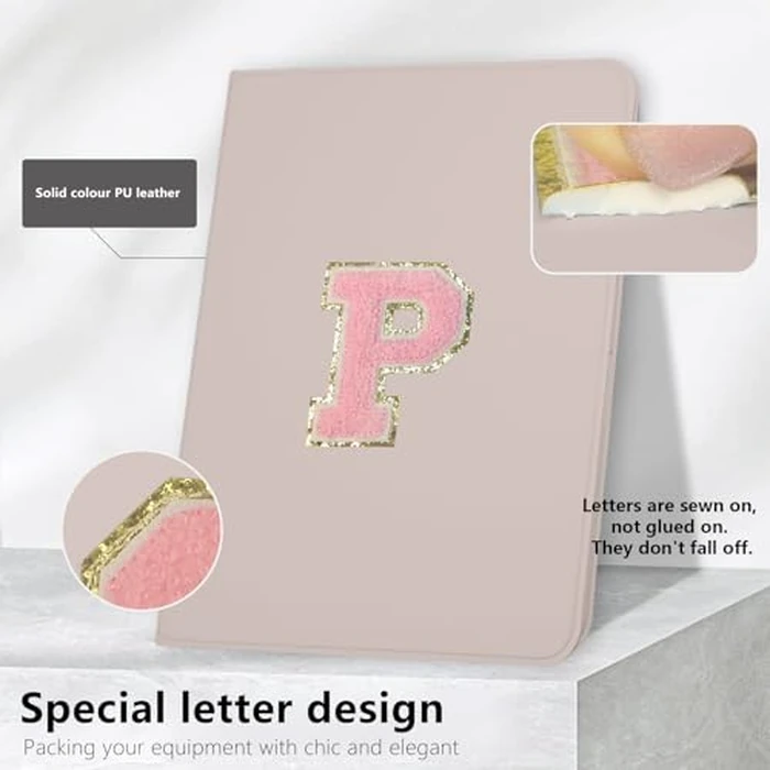 TopPerfekt Case for iPad 11th (A16) 11-inch 2025 / iPad 10th Generation 10.9-inch 2022, Initial Chenille Letter Suture, Cute Case with Auto Sleep/Wake, Support Touch ID, Pencil Holder (Pink, P) by TopPerfekt - Image 4