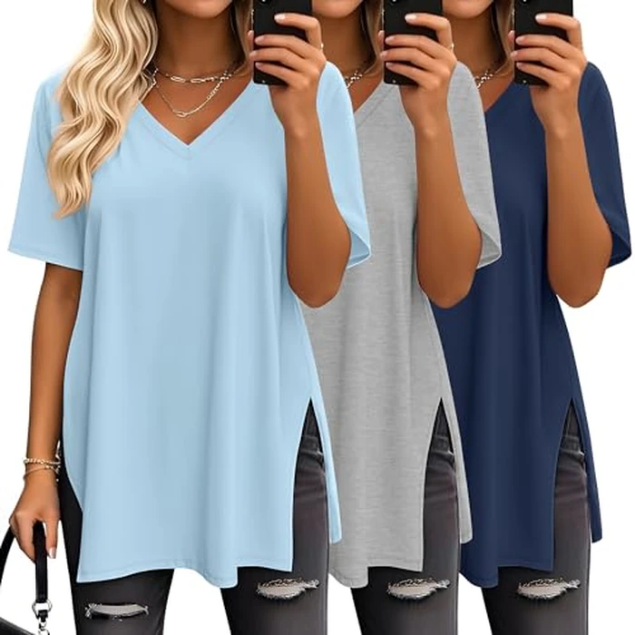 Huukeay 3 Pack Oversized Shirts for Women V Neck Workout T Shirt Casual Side Split Tee Short Sleeve Loose Tops Tunic Tops(Navy Blue, Gray, Light Blue,Large) by Huukeay - Used - Like New condition