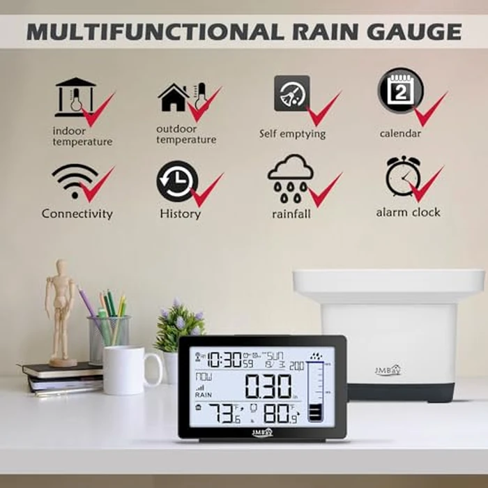 Wireless Rain Gauge Outdoor with Thermometer, High Accurate Digital Rain Gauges Outdoors Best Rated, Electronic Self-Emptying Remote Rain Collector, Freeze Proof Automatic Rain Measure Gauge for Yard by JMBay - Image 2