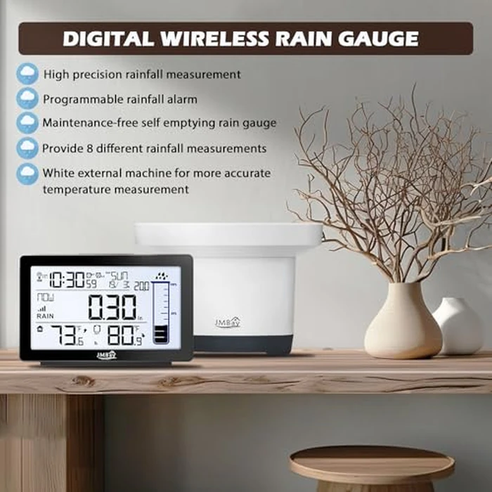Wireless Rain Gauge Outdoor with Thermometer, High Accurate Digital Rain Gauges Outdoors Best Rated, Electronic Self-Emptying Remote Rain Collector, Freeze Proof Automatic Rain Measure Gauge for Yard by JMBay - Image 4
